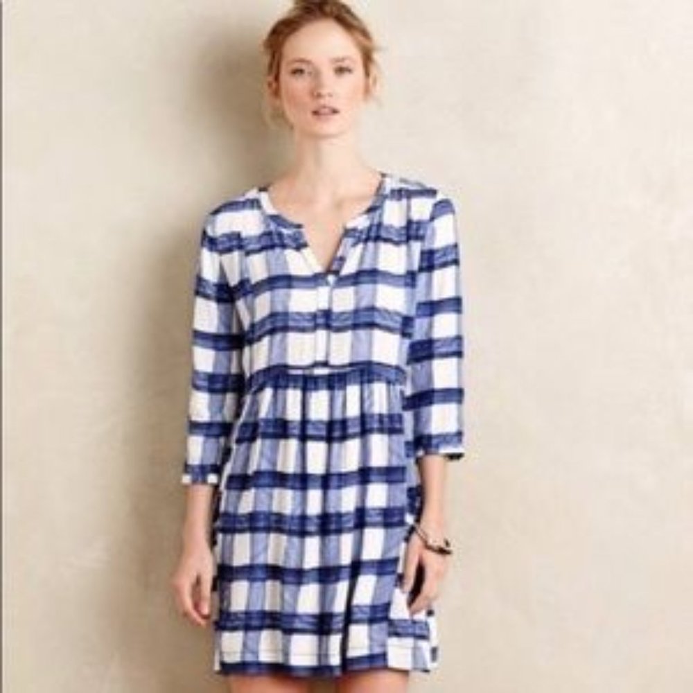 Anthropologie Maeve Blue+White Checkered Dress‎ Sz S